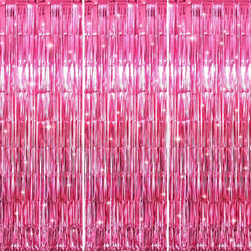 GOER 3.2 ft x 8.2 ft Metallic Tinsel Foil Fringe Curtains Party Photo Backdrop Party Streamers for Galentines Day,Birthday,Graduation,New Year Eve Decorations Wedding Decor (3 Pcs, Hot Pink) - Image 1